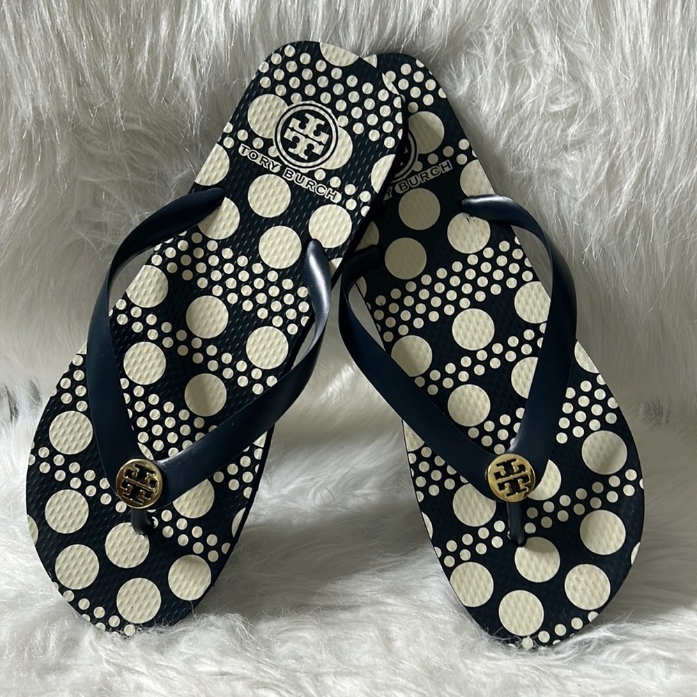 TORY BURCH POLKA DOT DARK NAVY FLIP FLOP SZ 9